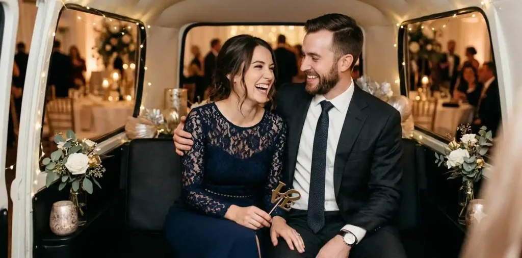 Couple sharing a playful photo booth moment