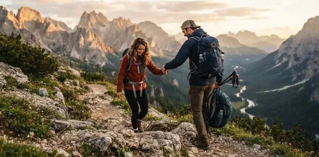 Couple walking hand in hand along mountain trail