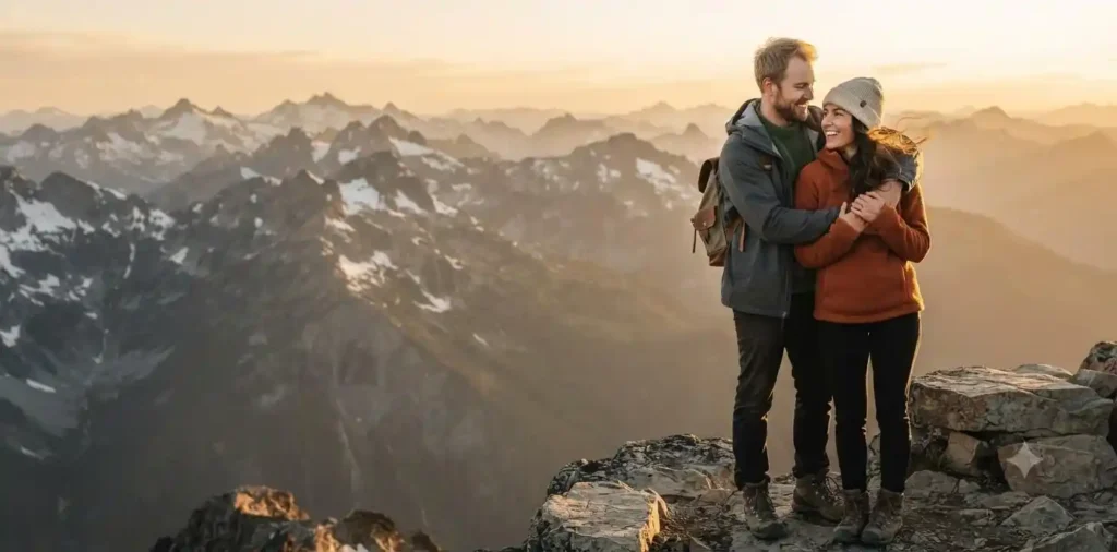 Couple embracing on a mountain overlook