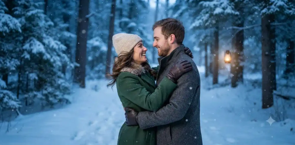 Couple embracing during gentle snowfall