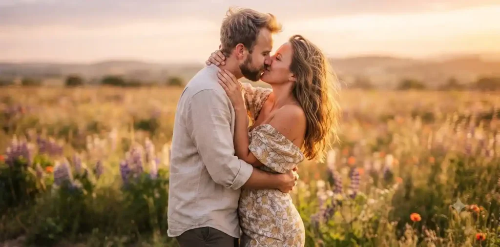 Couple embracing beneath golden sunset light