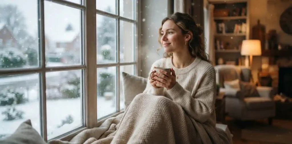 Woman relaxing with coffee beside a snowy window