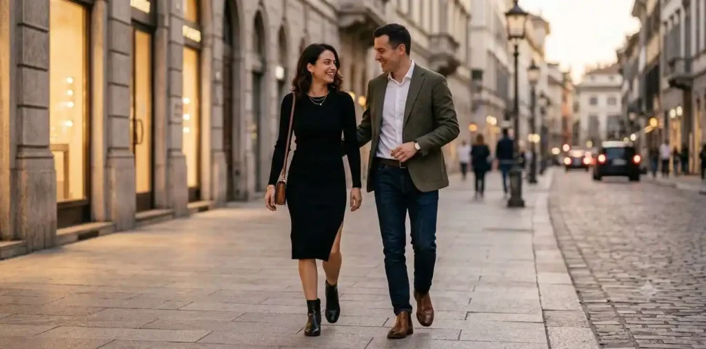 Stylish couple walking together before date night