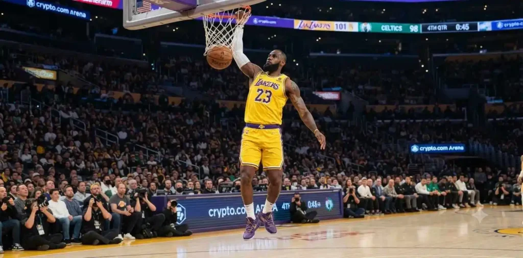 LeBron James performing a powerful basketball dunk
