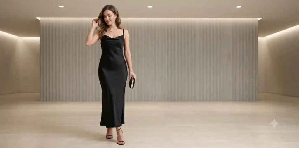 Woman in black dress posing confidently indoors