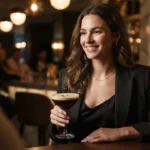 Woman enjoying espresso martini at elegant bar