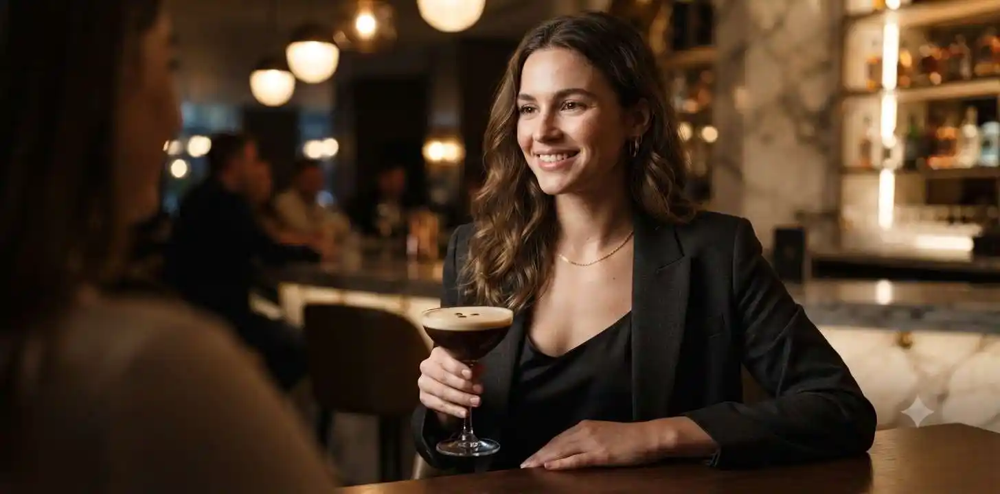 Woman enjoying espresso martini at elegant bar