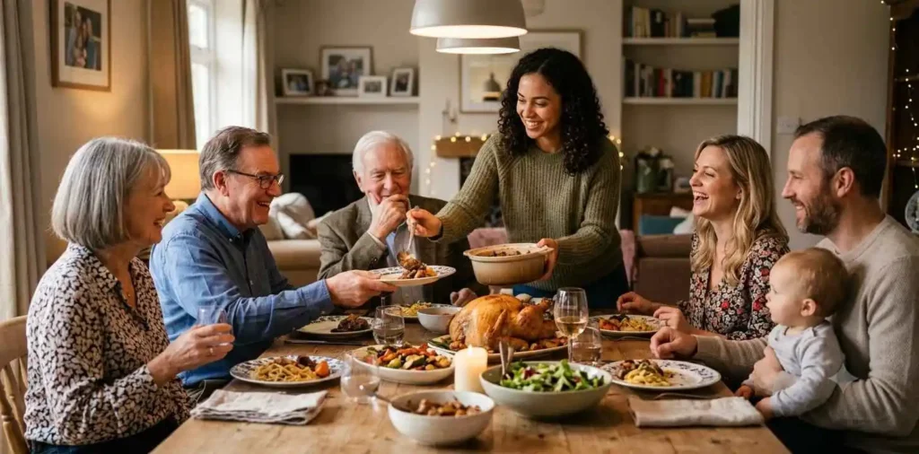 Family sharing dinner together around a cozy table