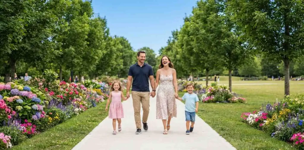 Happy family walking together in a park