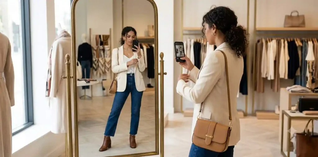 Woman showcasing a chic outfit before a mirror