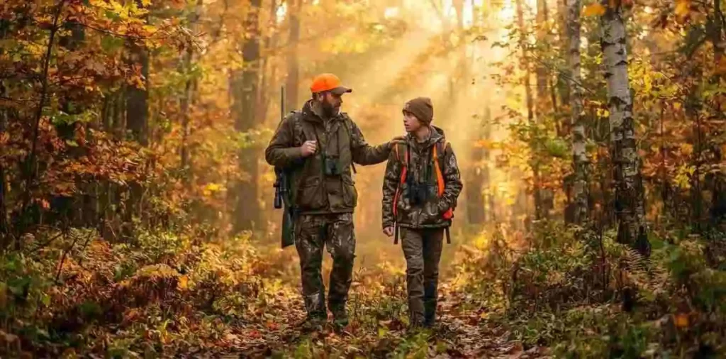 Father and son walking through autumn woods