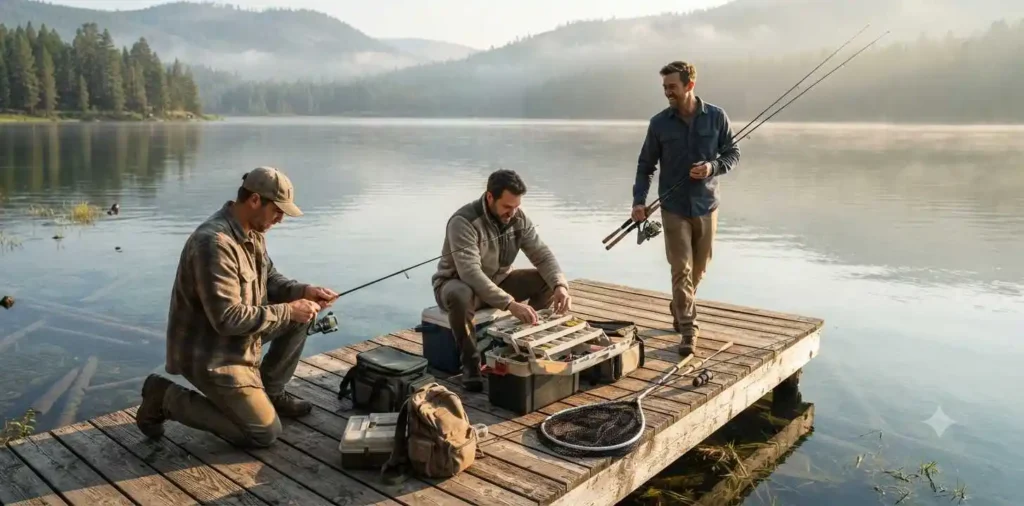 Friends fishing together from a scenic mountain lake