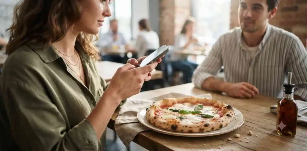Woman photographing pizza at stylish restaurant