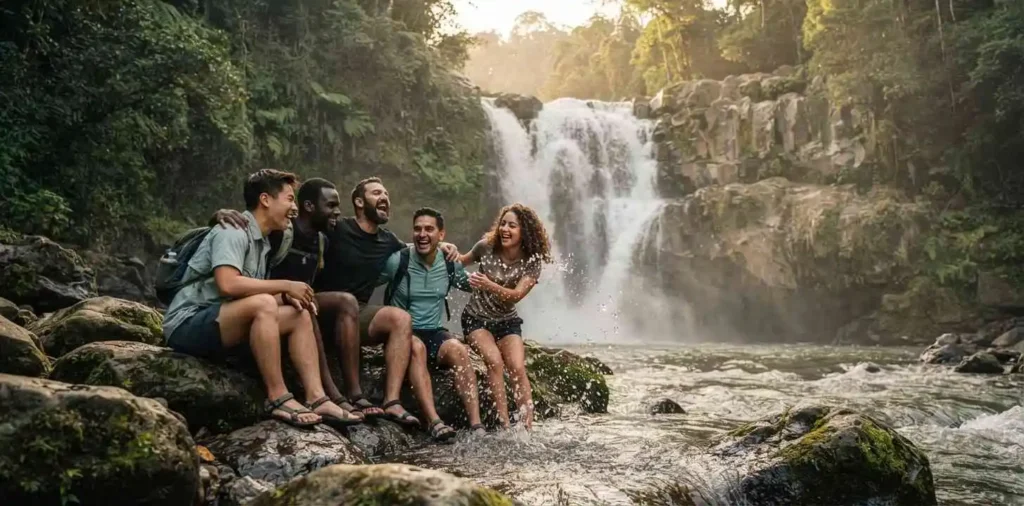 Friends laughing near a beautiful waterfall