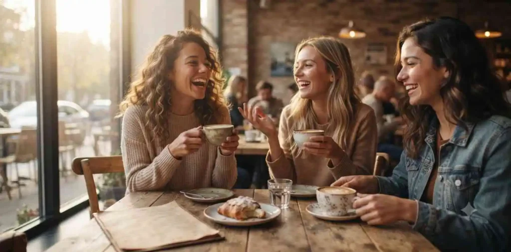 Friends laughing together over coffee