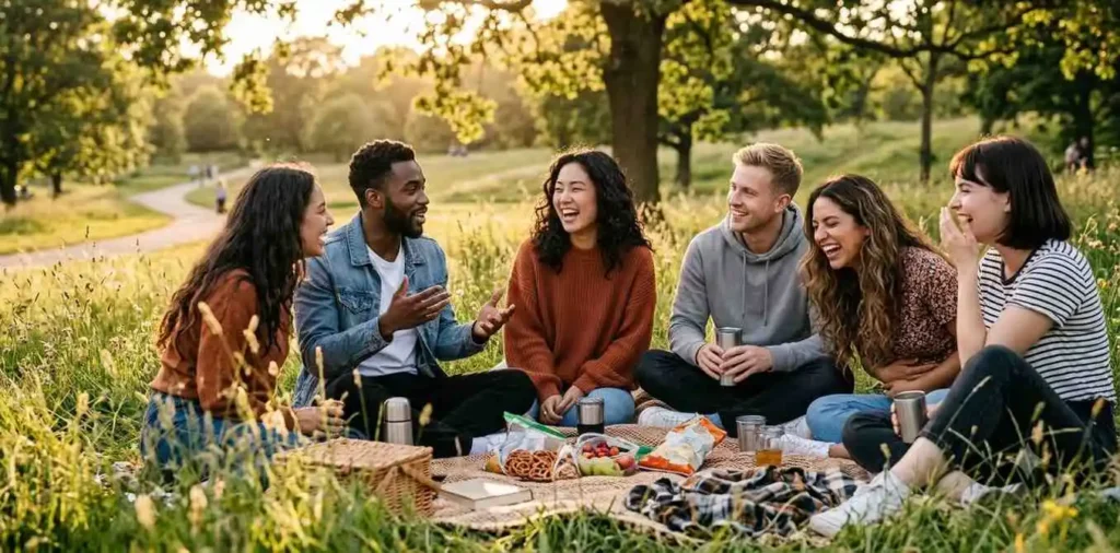 Friends laughing together during a carefree outdoor afternoon