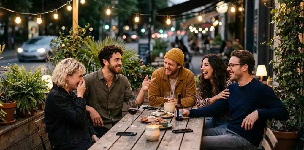 Friends laughing together during a lively night out