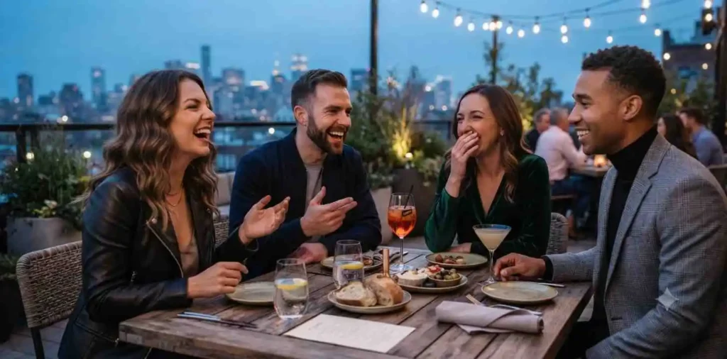 Friends laughing together at rooftop dinner