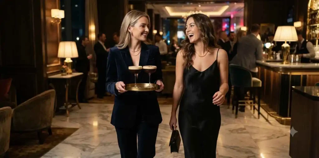 Friends dressed up for glamorous cocktail night