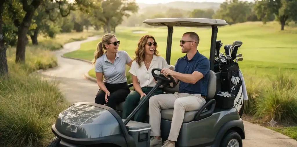 Friends laughing together inside a golf cart