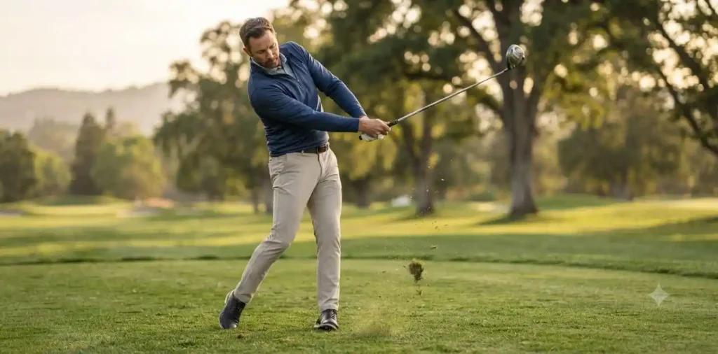 Golfer making a powerful swing on green course