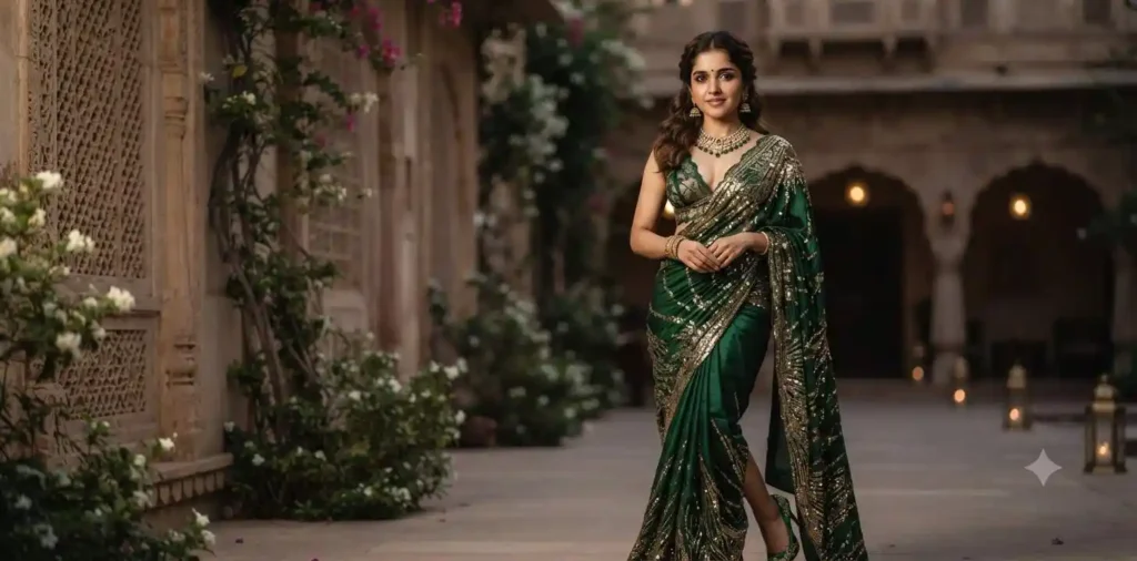 Woman wearing green saree standing gracefully indoors