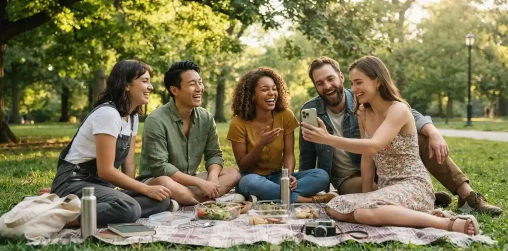 Friends laughing together during a casual picnic