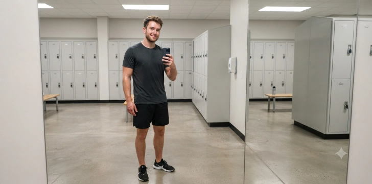 Man taking mirror gym selfie after workout