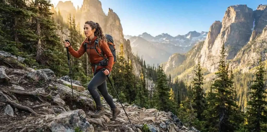Hiker climbing a rocky mountain trail