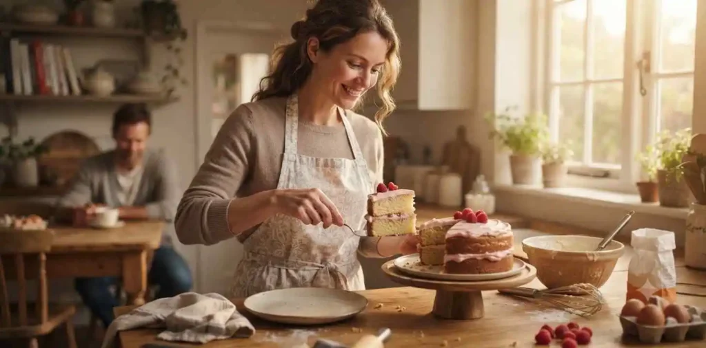 Woman serving homemade cake in cozy kitchen