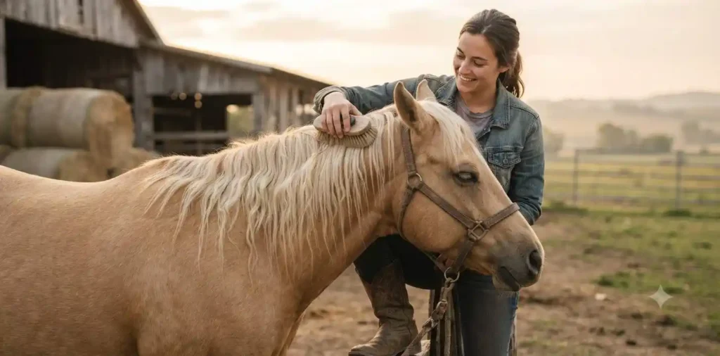 Woman gently bonding with horse at ranch