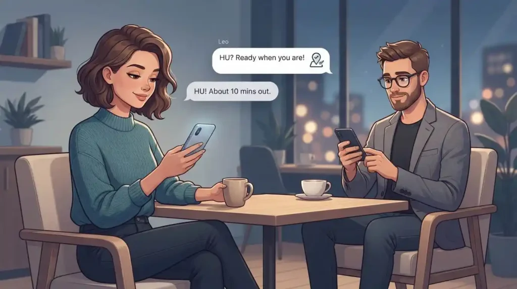 Adults discussing an ambiguous HU message while dating