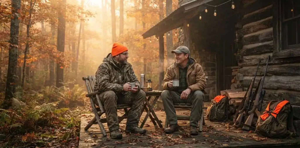 Friends sharing a quiet moment during a hunting trip