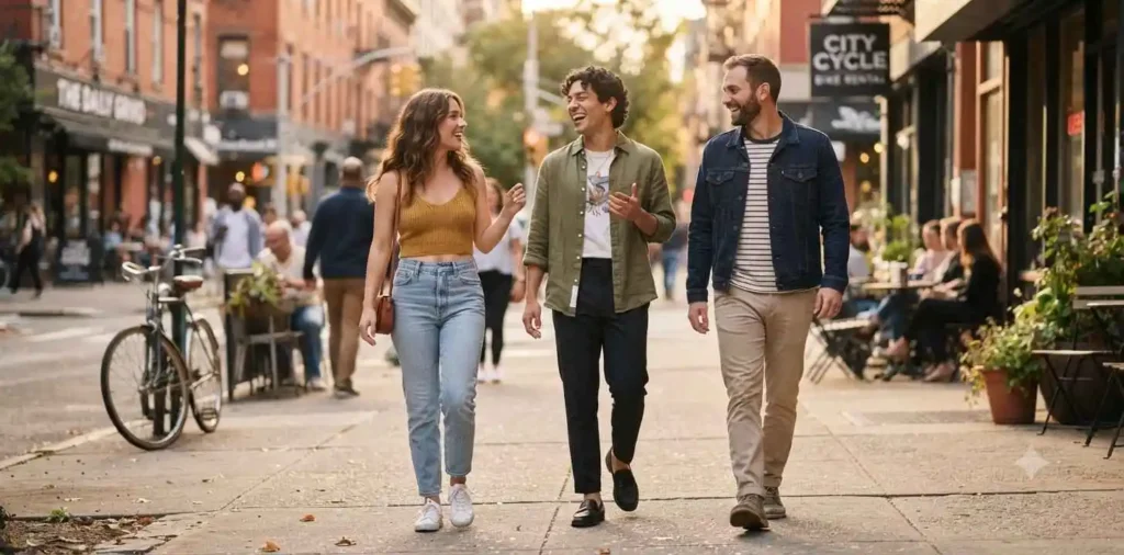 Friends walking through a lively city street