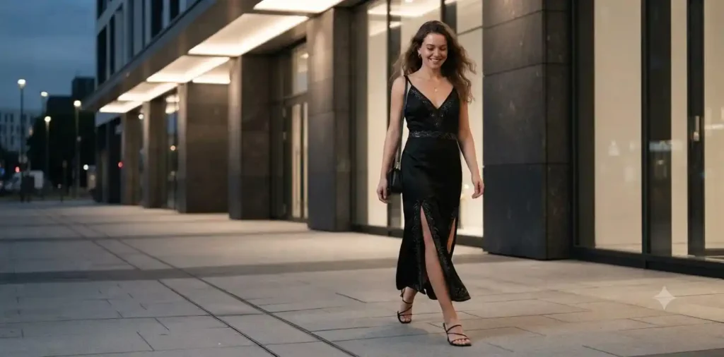 Woman walking confidently in a simple black dress