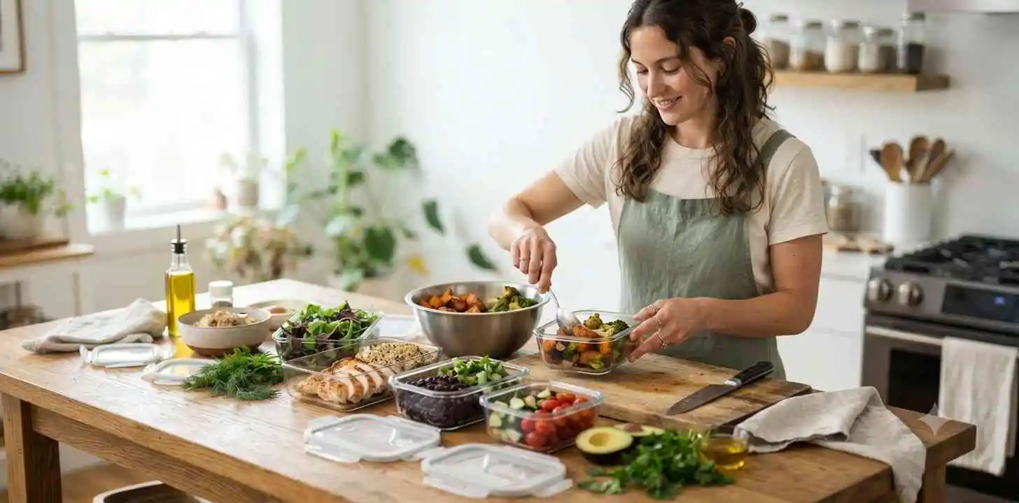 Woman preparing healthy meals in kitchen