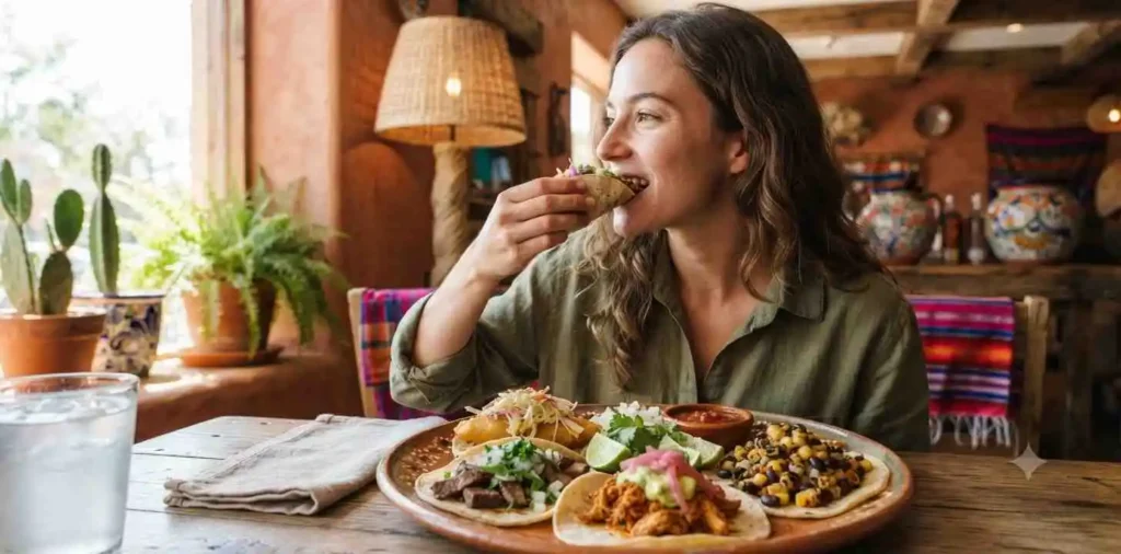 Woman enjoying tacos at Mexican restaurant