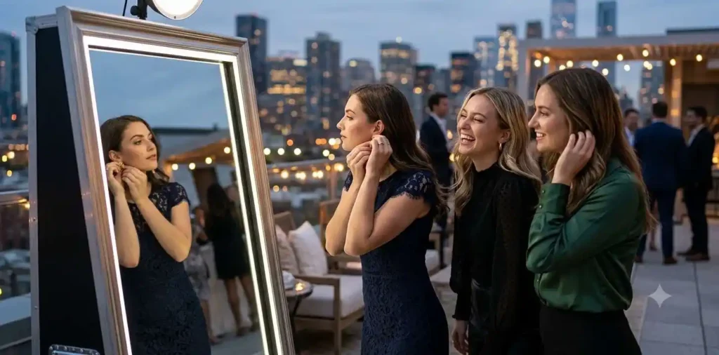 Friends posing around an elegant mirror booth