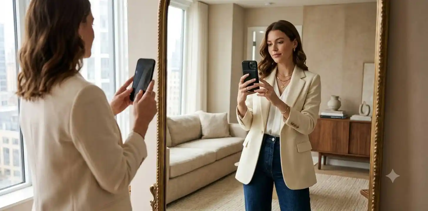 Woman taking an elegant mirror selfie indoors