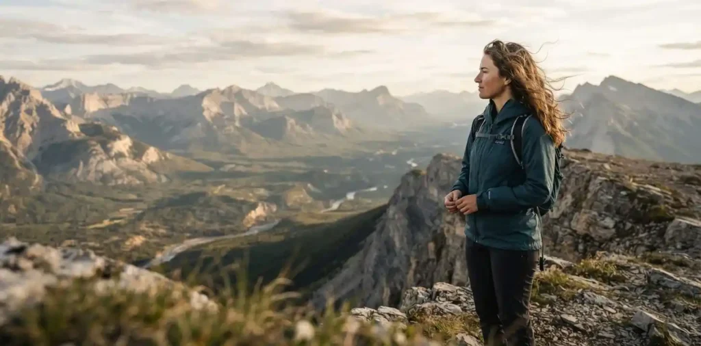 Woman standing on a mountain overlooking distant peaks