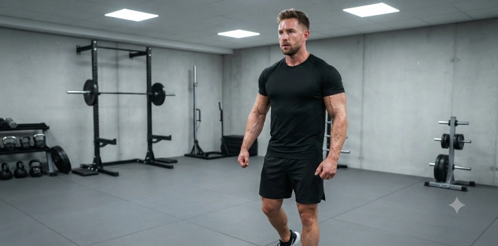 Man flexing muscles after intense workout session