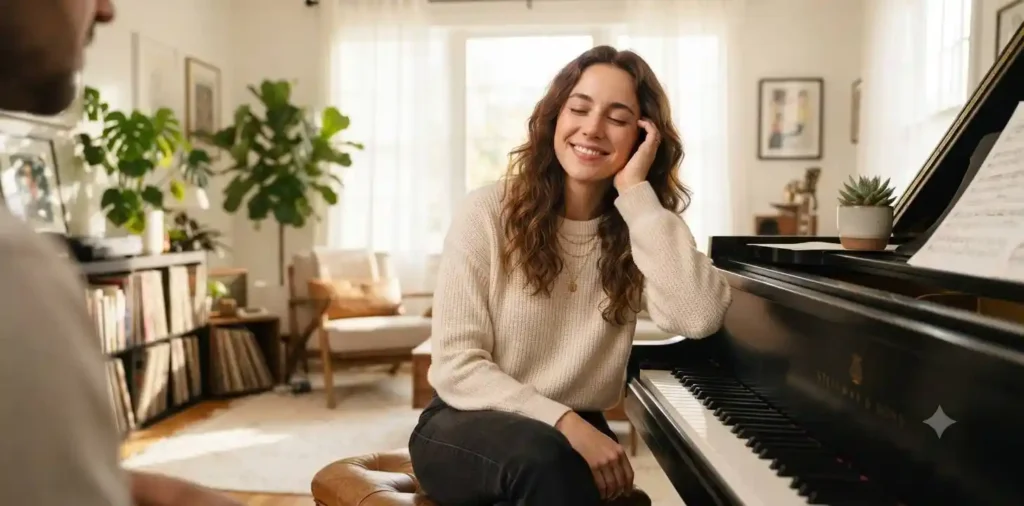 Music lover enjoying piano melodies at home