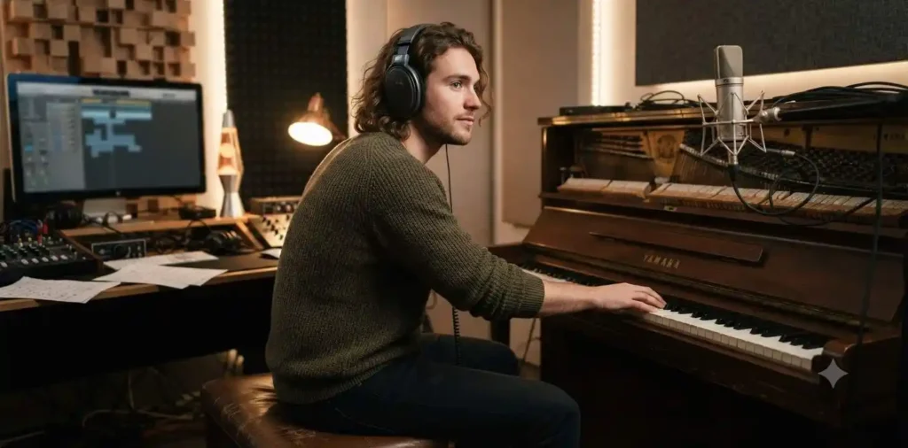 Musician composing music inside a modern studio