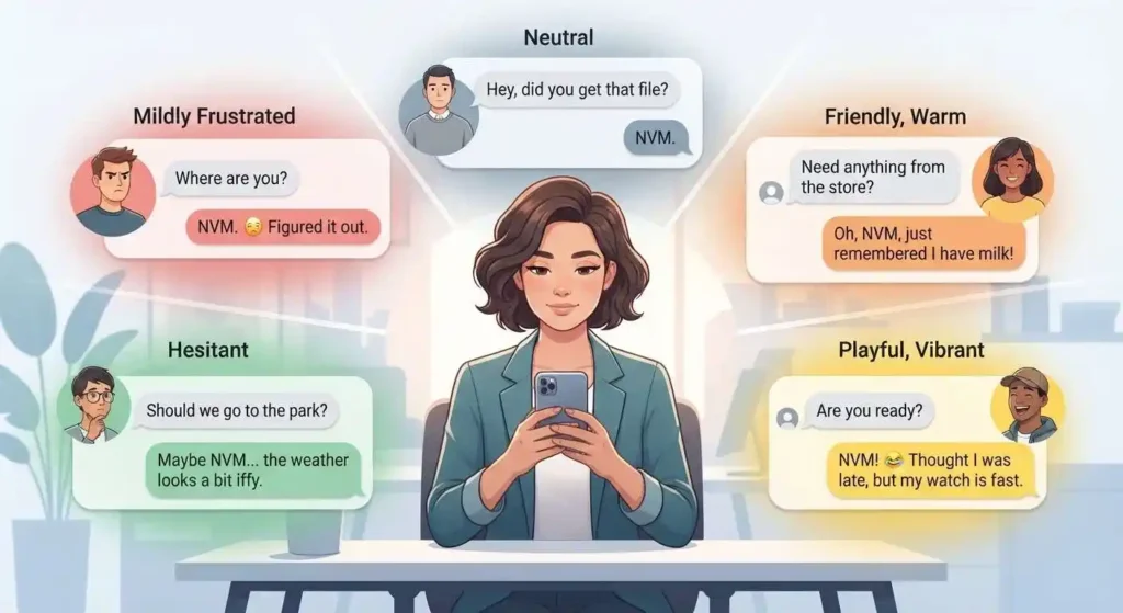 Examples showing how the tone of NVM can change from neutral to playful or frustrated