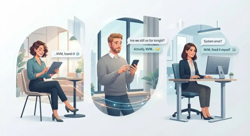 Different everyday texting situations where people use NVM to withdraw a request or change plans