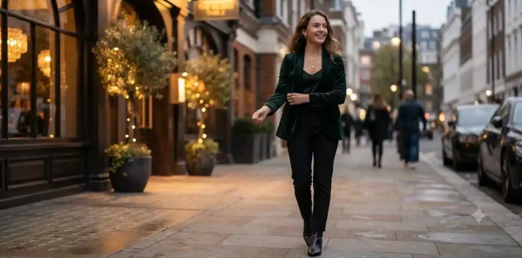 Woman showing elegant evening outfit outdoors