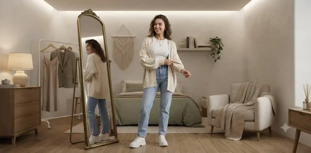 Girl adjusting outfit while standing near mirror