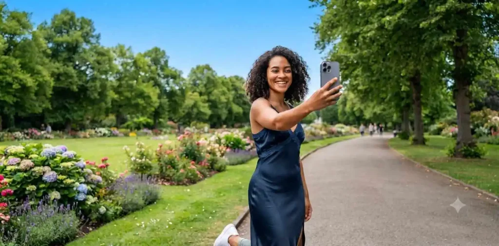 Woman taking a selfie in a green park