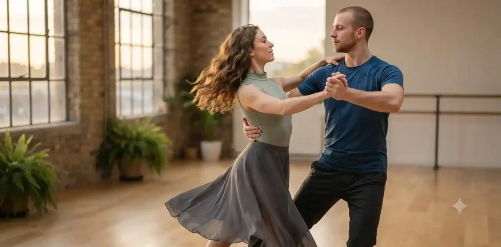 Dance partners moving together under warm lights
