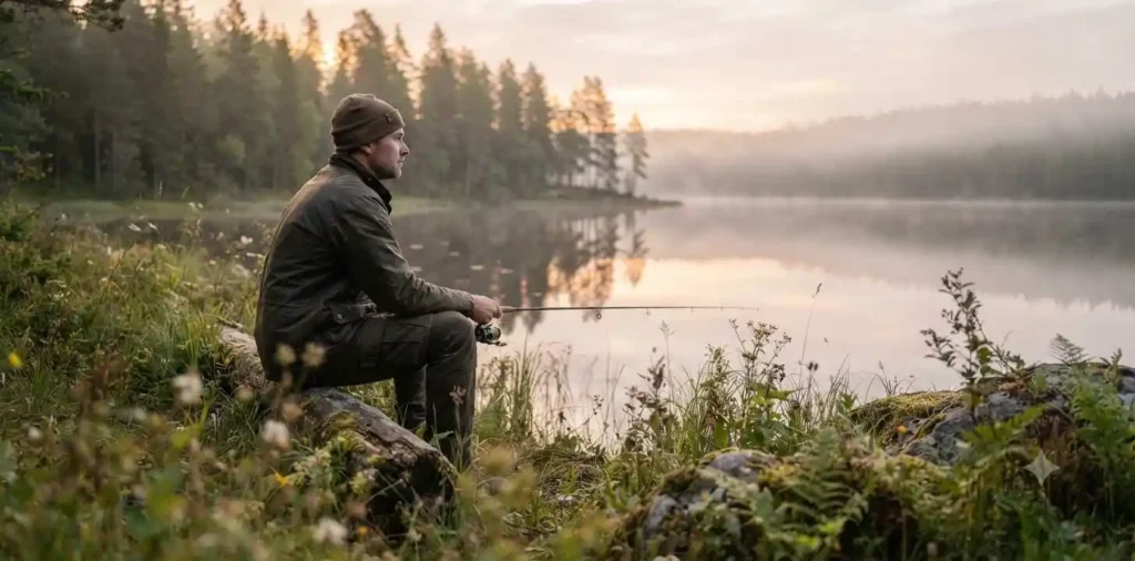 Angler sitting quietly beside a calm forest lake